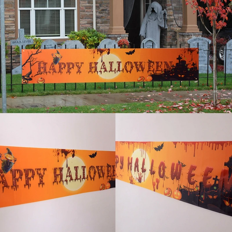 

Halloween Banner Bloody Pumpkin Ghost Print Banner Backdrop Happy Halloween Home Door Yard Outdoor Hanging Decoration Supplies