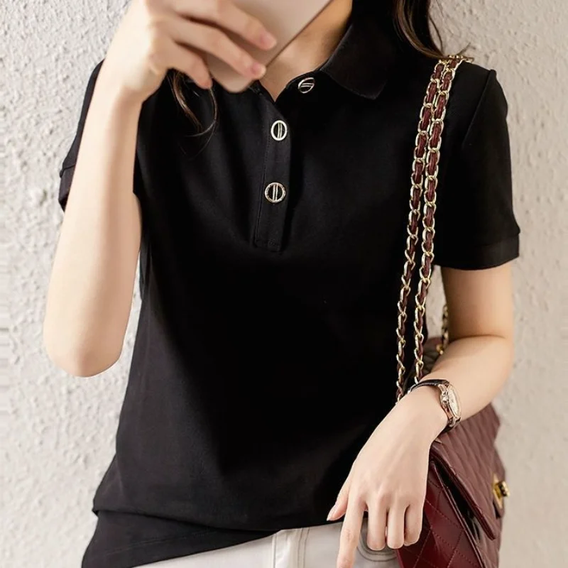 

Polo Neck Shirt Button Women's T Shirts Short Sleeve Tee Clothes Plain Top Offer Free Shipping Cute V Sale Youth Cotton Luxury