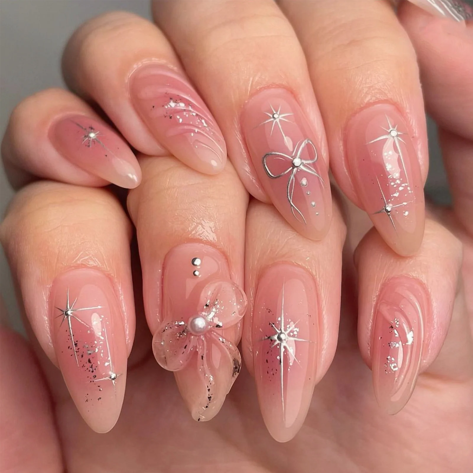 24개 프렌치 스타일 인조 손톱, 록 텍스처 아몬드 모양 프레스온 네일, 인조 손톱, 매니큐어 도구, 네일 팁, 가짜 손톱