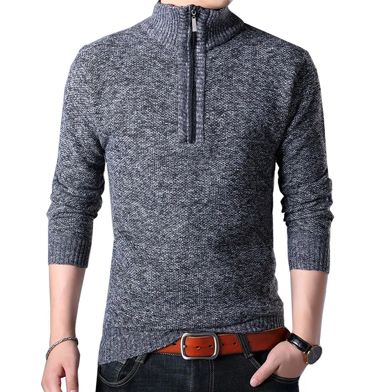 

Autumn Winter Plus Velvet Thick Large Size Men's Half High Neck Stand Collar Sweater Male Zipper Fashion Simple Slim Pullover