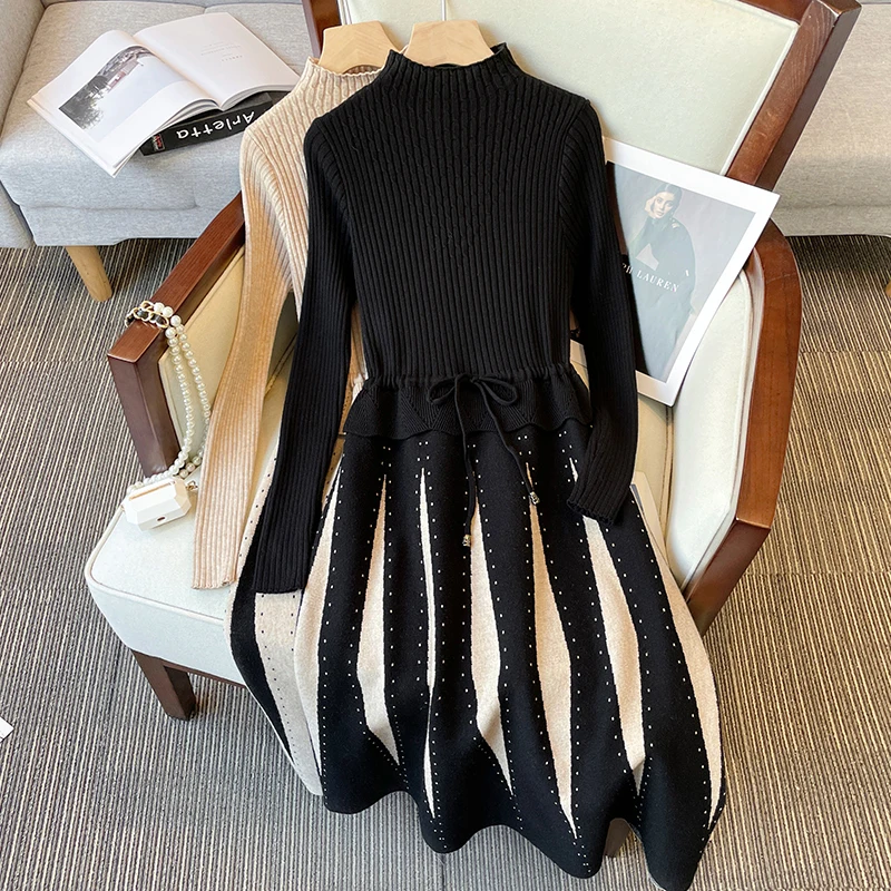 

Black Beige Knitted Long Sleeved Sweet Spring Autumn Dress Fashion Blouses 2022 Cheap Vintage Clothes For Women Female Clothing