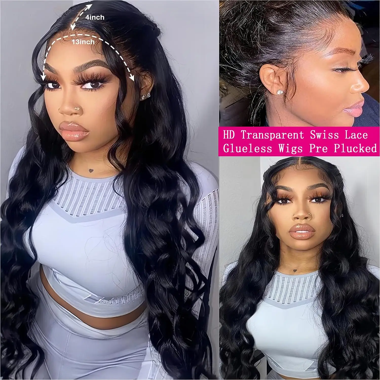 

QUANDE 100% Human Hair 200% Density Glueless HD for Black Women Natural Black Wigs 13x4 Body Wave Lace Front Wigs