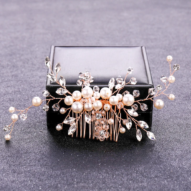 Rose Gold Crystal Pearl Flower Hair Comb