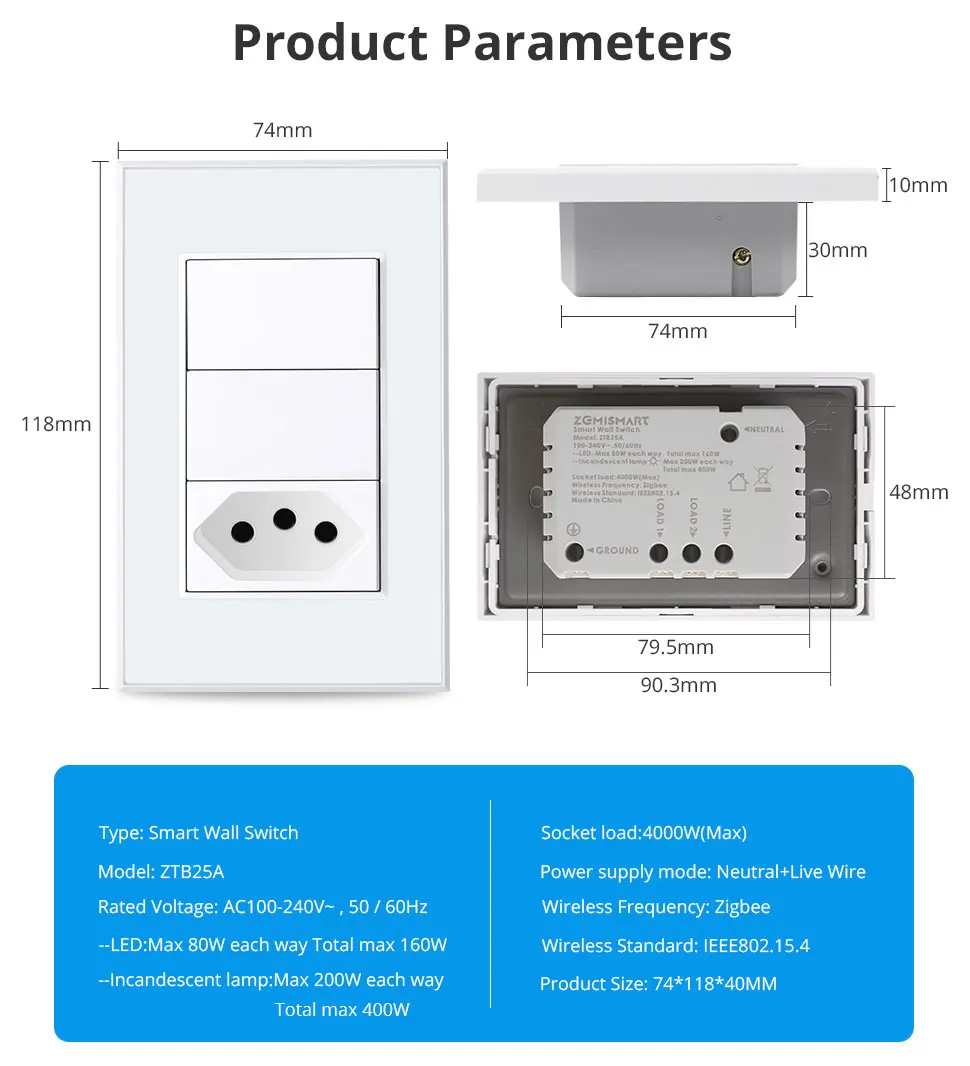 20A Zigbee Smart Brazil Socket with Two Push Light Switch Brazilian Wall Outlet