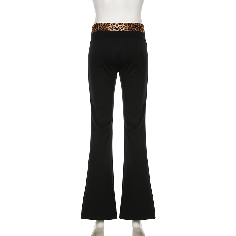 IAMHOTTY Vintage Leopard Print Low-waisted Patchwork Flared Pants Black Slim Stretchy Casual Basic Sweatpants Joggers Trousers
