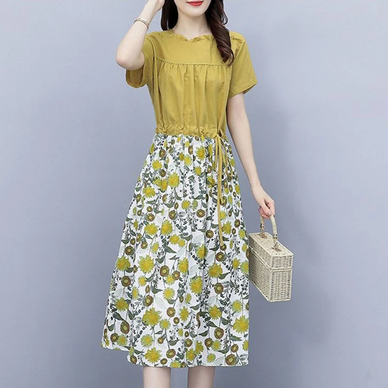 

Fashion Loose Spliced Ruffles Folds Bandage Bow Floral Dress Women's Clothing 2024 Summer New Fake Two Pieces Casual Dresses