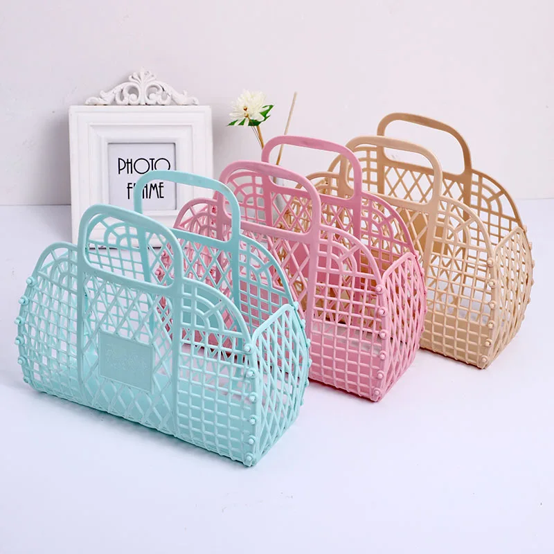 

Hot Sell Large-capacity Bag Hollow Jelly Beach Holiday Portable Tote Bag Reusable and Easy To Clean Plastic Portable Bath Basket