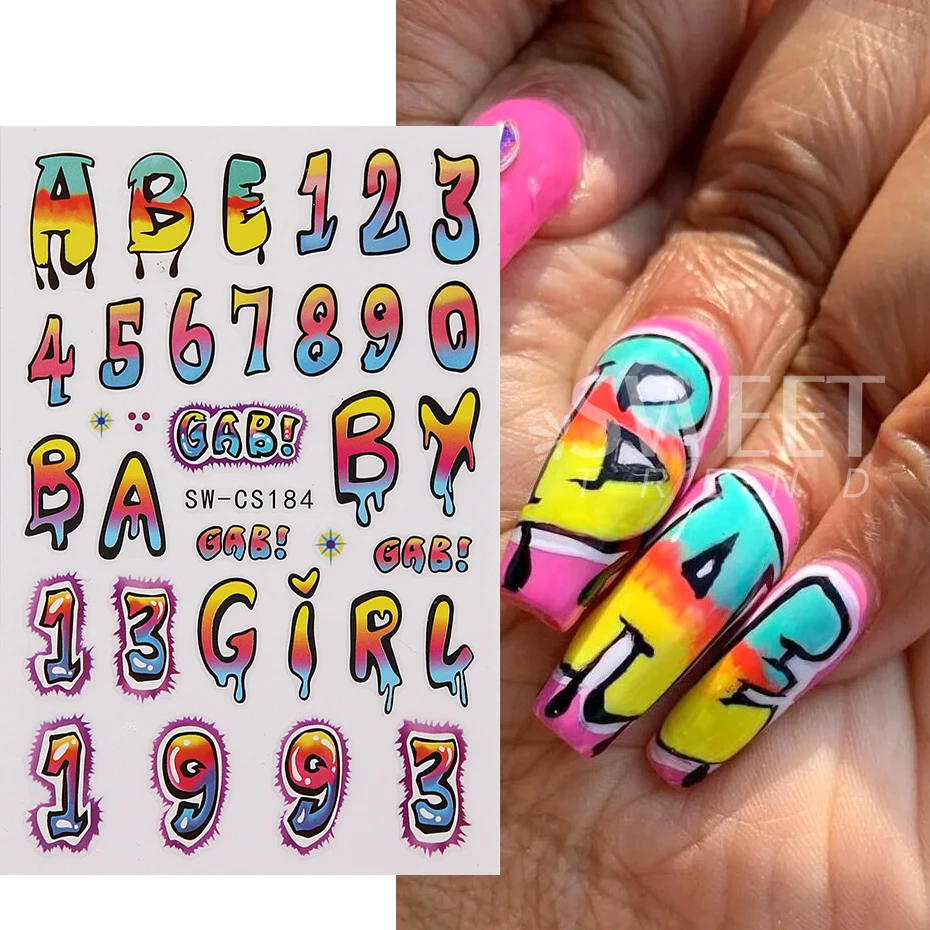 3pcs Colorful Number Letter Wave Line Design Nail Art Stickers 3D self Adhesive Cartoon Nail Art Decals DIY Manicure Decoration