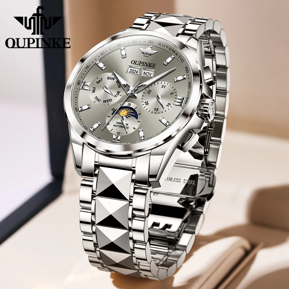 OUPINKE 3201 Moon Phase Watch For Men Waterproof Date Male Automatic Mechanical Man Wristwatch Luxury Brand Original Men's Watch