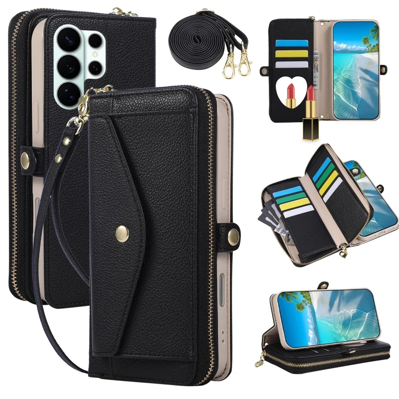 Elegant Crossbody Leather Wallet Phone Case with Zipper Card Holder and Mirror Cover