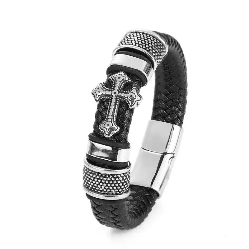 Men Fashion Classic Black Woven Leather Inlaid Cross Magnetic Hidden Safety Buckle Business Casual Bracelet