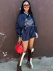 Sifreyr Street Casual Letter Print Pullover Top Contrast Color Woven Loose Mid Length Drawstring V-Neck Long Sleeve Sweatshirt 5