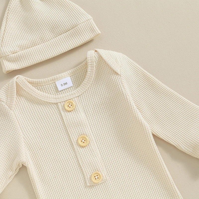 KMBANGI Newborn Baby Boys Girls Knotted Gown Hat Set Long Sleeve Button Infant Sleeper Baby Sleep Gown with Mittens