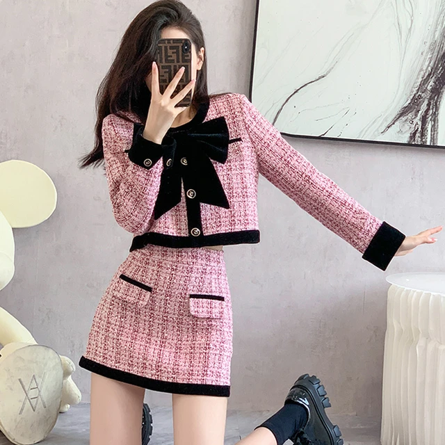 Korean Fashion Vintage Velvet Patchwork Tweed Two Piece Set Women Short  Jacket Coat + Mini Skirt 2 Piece Sets Women Outfits