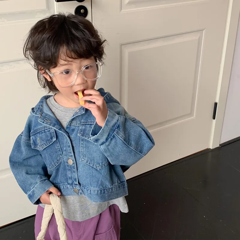 Childrens Clothing 2023 Spring New Korean Style Boys and Girls Hooded Denim Jacket Short Children Denim Clothing