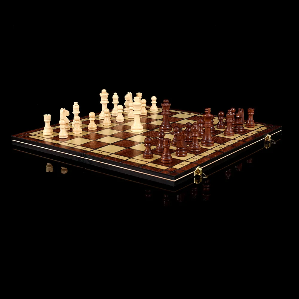 Board Game Wooden Chess Foldable Chess Board Table Games Folding Chess Board Chess Pieces and Board Three-In-One Foldable Wooden Chess Backgammon Checkers