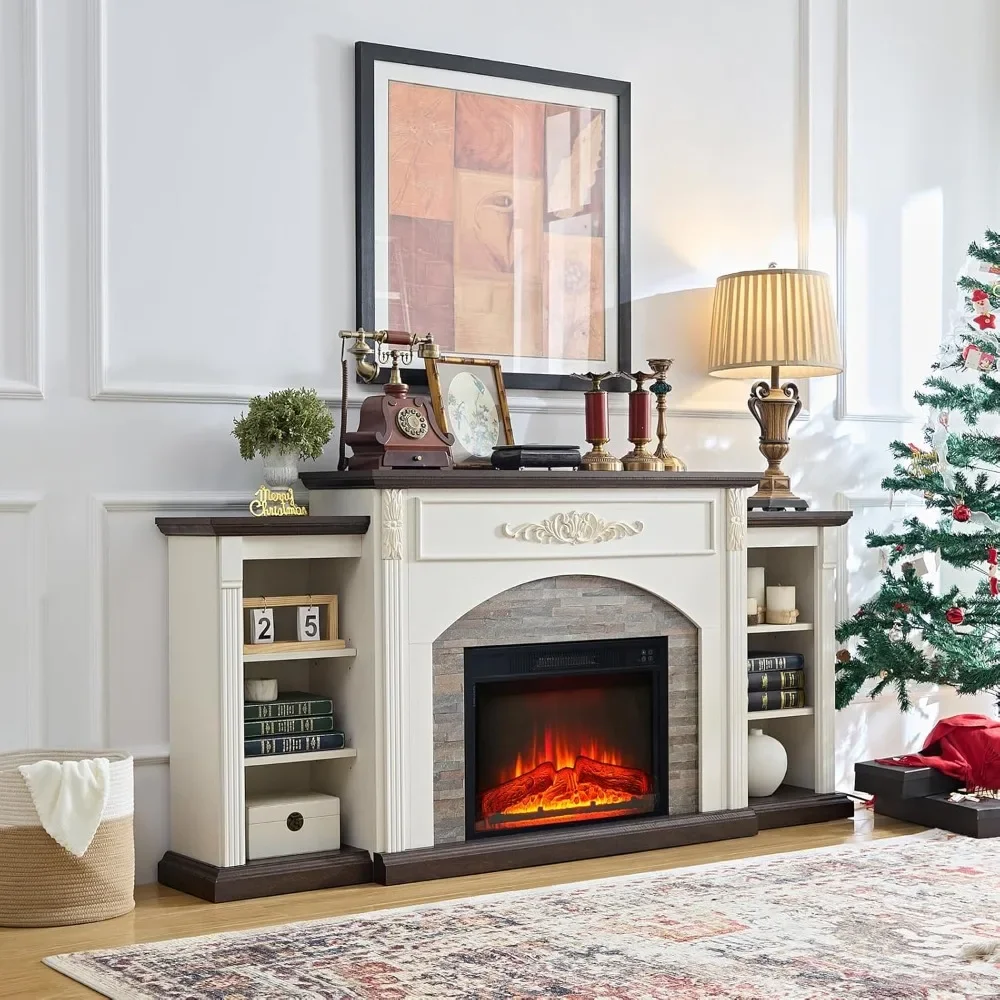 Electric Fireplace with Mantel, White TV Stand for TVs Up to 80 Inch, Farmhouse Entertainment Center with Storage for Bedroom 2