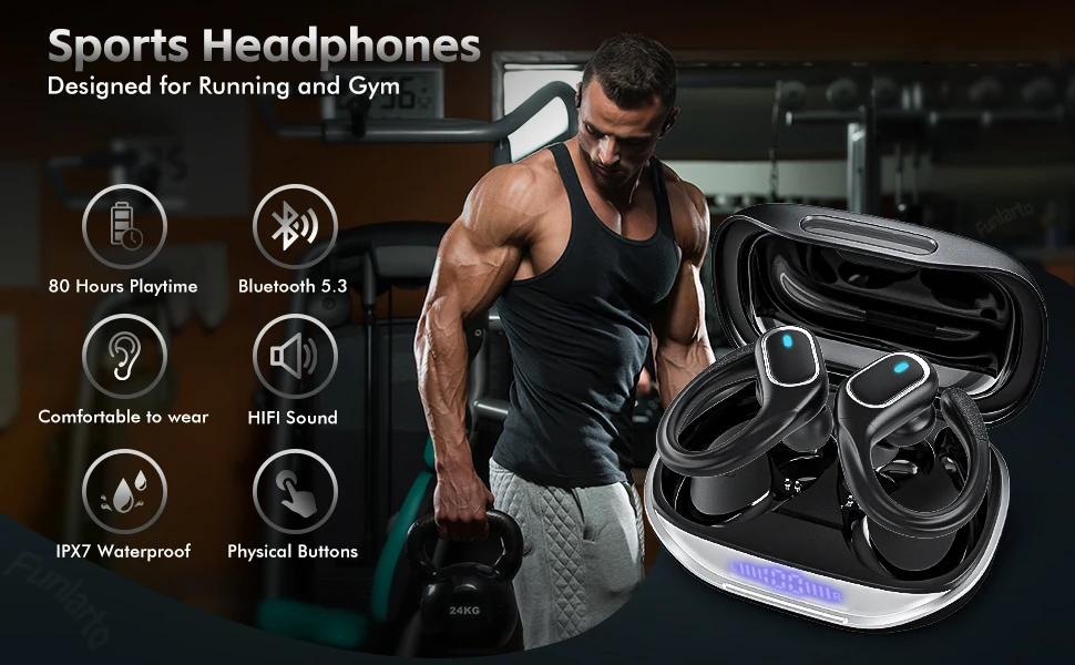 Description Picture 4 of itemWireless Bluetooth Headphones for Running,IPX7 Bluetooth 5.3 Earphones with 80 Hrs Playtime and LED Power Display for Game Gym