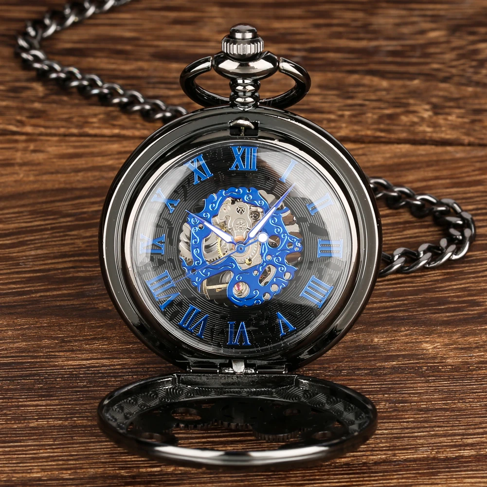 Homens Numerais Romanos Manual Relógio de Bolso Mecânico Engrenagens Pretas Design Oco Corrente Pingente Azul Royal Relógio Vintage do - Image 3