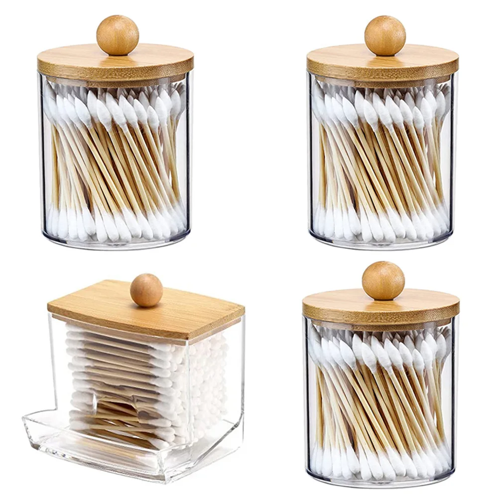 3pcs Swabs Holder Bathroom Container, Storage Box Cotton Ball/Swabs Dispenser, Apothecary Jar Organizer for Storage Wood Lids 6
