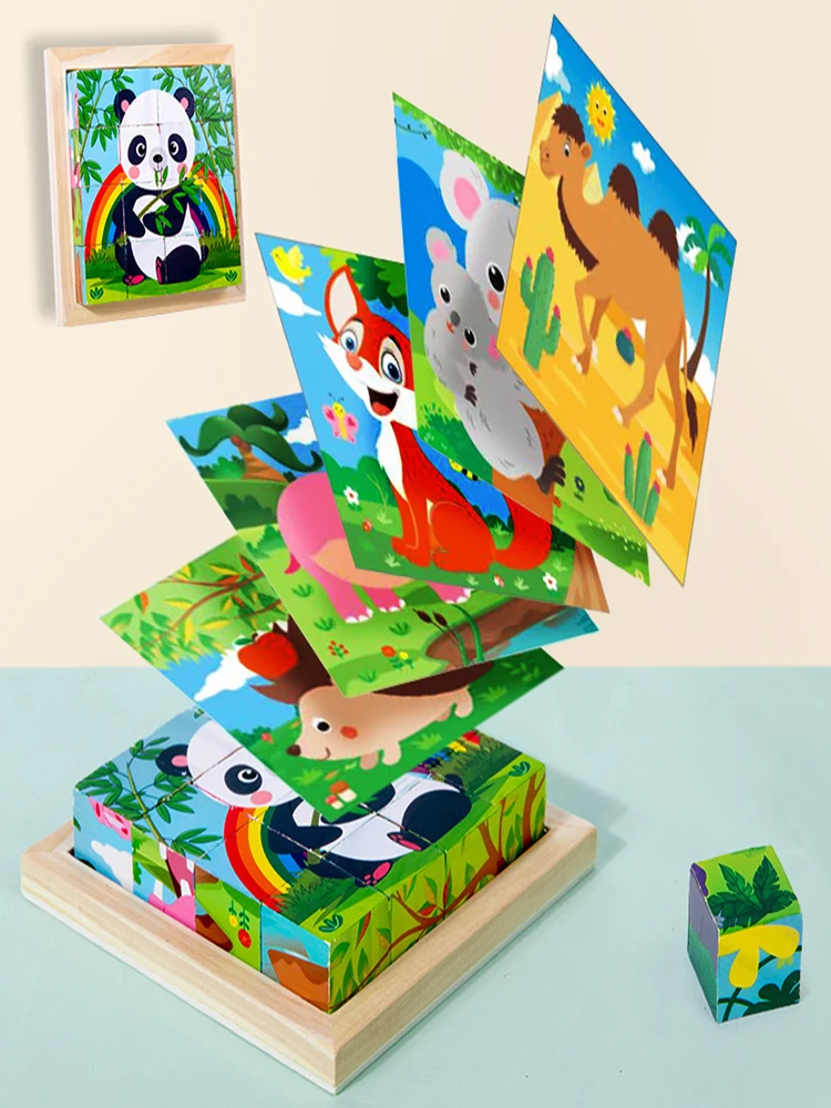 Cartoon Animal Six-Sided Wooden Puzzle Blocks Set