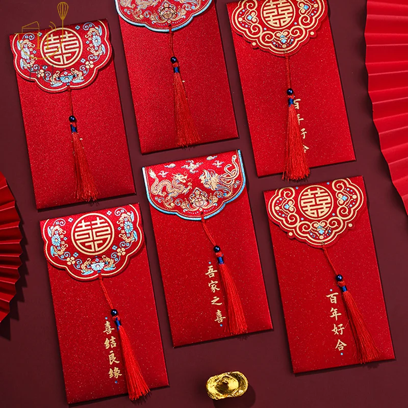 

10pcs Traditional Chinese Wedding Red Envelope With Tassel Lucky Money Packets Blessing Red Packet Hongbao Wedding Gifts