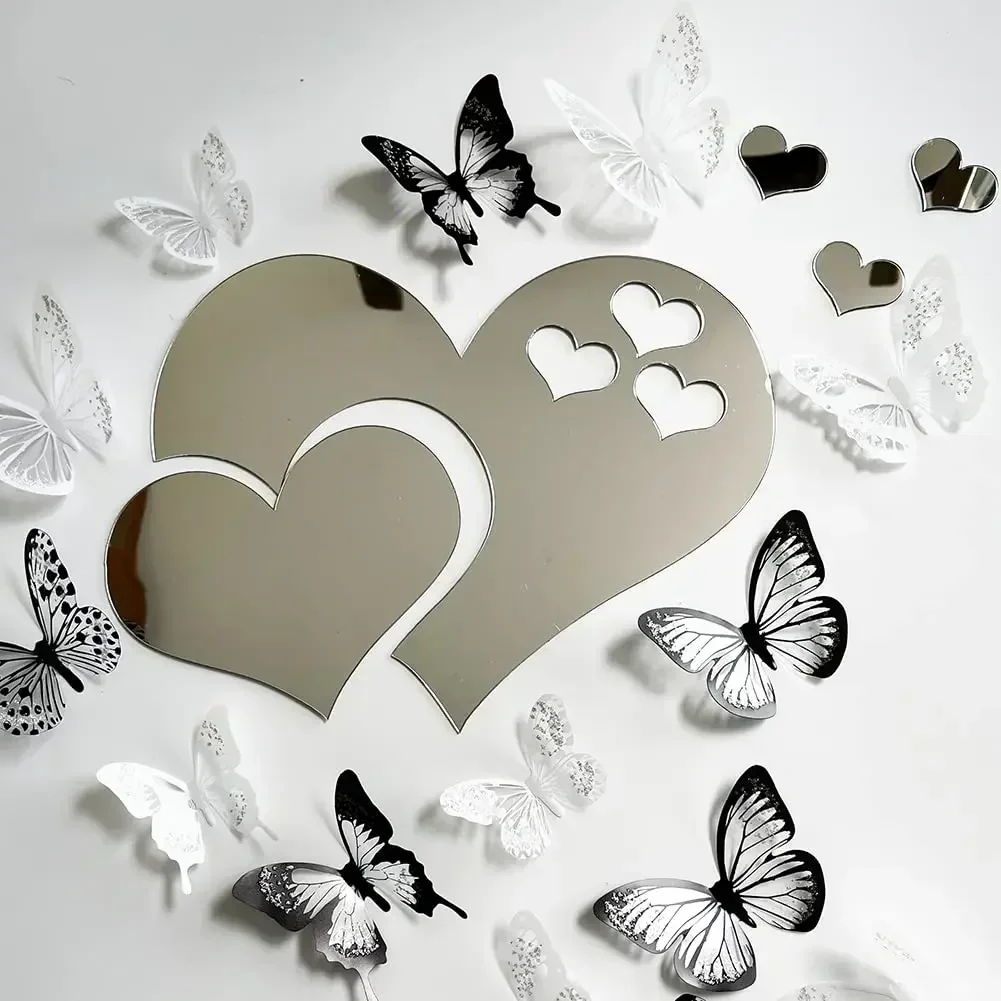 Wall Sticker 3D Glass Mirror Hearts DIY Self-adhesive Wedding Background Home Room Decoration