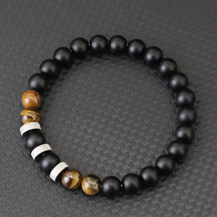 Mens Onyx Tiger Eyes Lava Rock Stone Beaded Bracelet