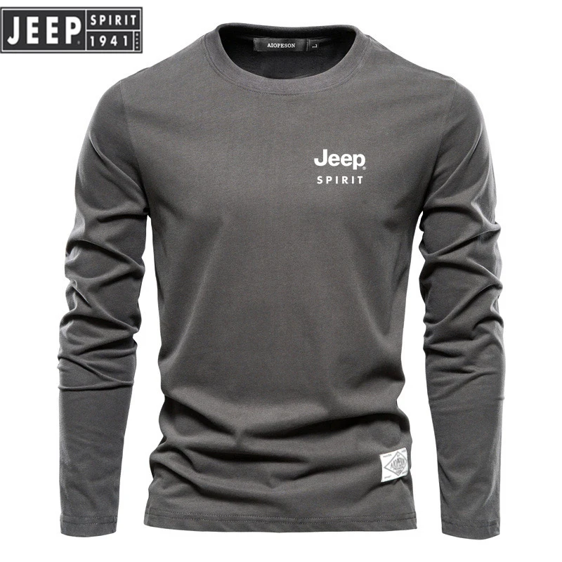 High-quality Embroidered JEEPSPIRIT Pure Cotton Round Neck Long Sleeved T-shirt for Men's Casual Fashionable Outdoor Sports 3