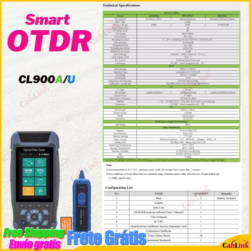 

Тестер оптического волокна NK3200D, миниатюрный рефлектометр с оптическим временем, одномодовый 24 дБ/22 дБ, 64 км, 9 функций, 1310/1550 FC/UPC