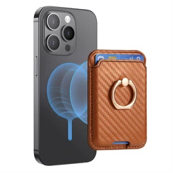Magsafe Wallet: Carbon Fiber Saffiano Leather Card Holder with Strong Magnetic Ring Stand (Brown)