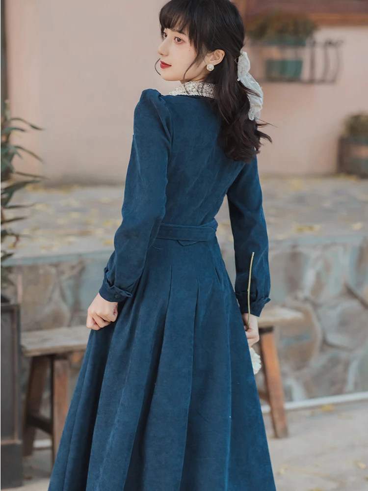 Mori Girl Autumn Winter Women Long Shirt Dress Blue Beading Vintage Buttons  Dress Corduroy Elegant Feminine Dress With Belt - AliExpress