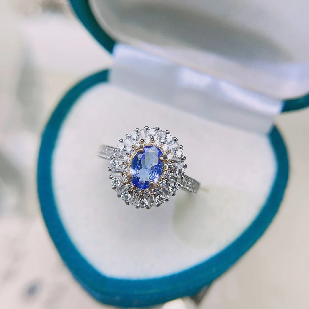 

LANZYO 925 Sterling Silver blue tanzanite rings trendy natural jewelry simple style open new fine wholesale 5*7mm j0507