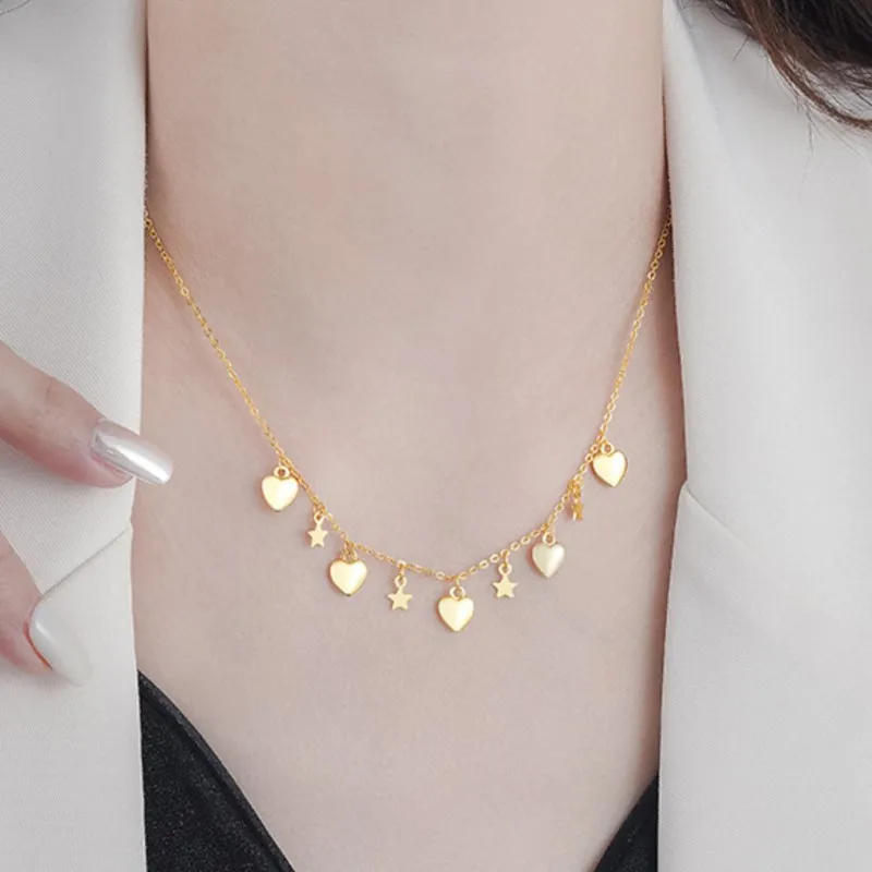 New Fashion Gold Color Love Heart and Star Pendant Necklace for Women 2025 New Trend Choker Clavicle Chain Jewelry Gifts