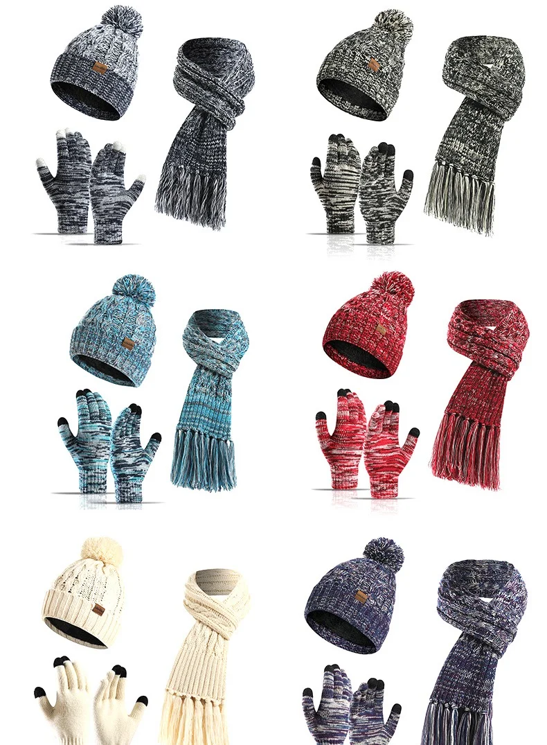 Charmingjolly Winter Hat Scarf Gloves Set Knitted Pompom Mutil Color Warm Tassel Scarf Hats for Women Thickened Fleece Touch Screen Gloves Set Free Shipping