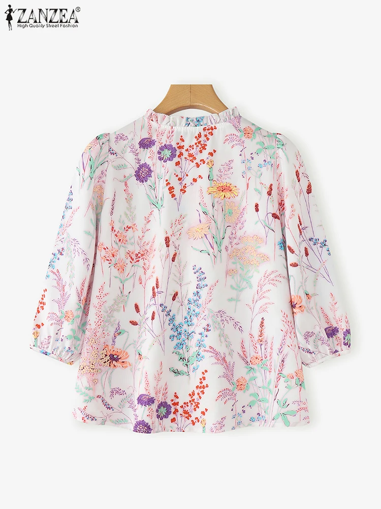 Women Floral Print Bohemian Blouse 3/4 Puff Sleeve Casual Top