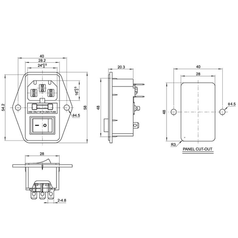 C7Ad Modulo Ingresso 10A 250V 3 Pin Iec320 C14 Cortocircuito Per Calza Protezione