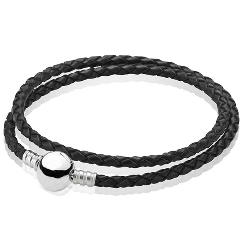 925 Sterling Silver Genuine Leather Ball Barrel Love Knot Braided Seashell Clasp Bracelet Bangle Fit Popular Bead Charm Jewelry