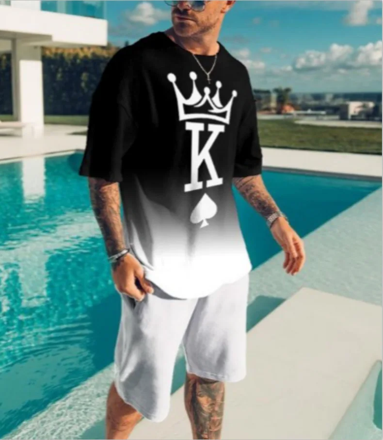 

Summer Trend Men's T-shirt Sets Spades K 3D Print Casual Round Neck T-Shirt Shorts Two Piece Set Man Clothing Pullover Tracksuit