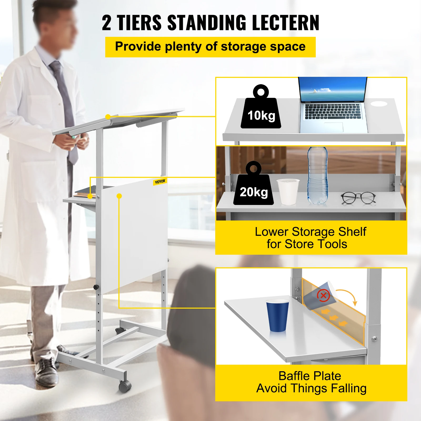 Adjustable Steel Standing Lectern with Storage for Office