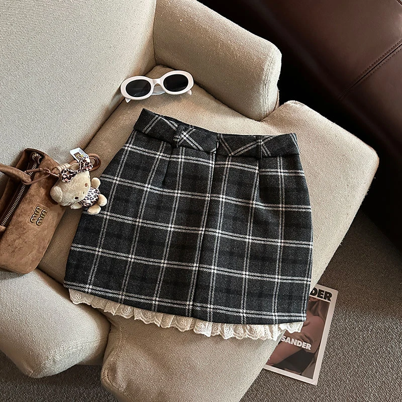 Lace Patchwork Plaid Mini Skirts Women Fall Winter High Waist No Belt Faux Wool Skirts Y2K Fashion Preppy All Match A Line Skirt