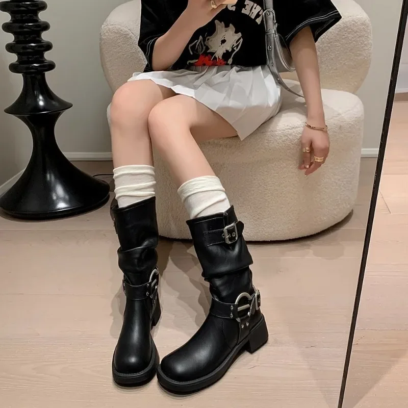 Wide Fit Ankle Boots Ladies Biker Style Boots Fashion Buckle