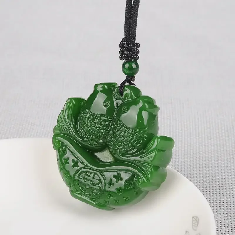 Natural Green Jade Carp Pendant Necklace Chinese Jadeite Hand