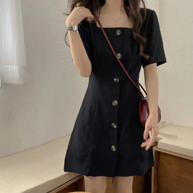 

Retro Square Neck Dress Set Women 2024 Summer Short Sleeve Appear Thin Casual Mini Skirt Korean Fashion Female Suit