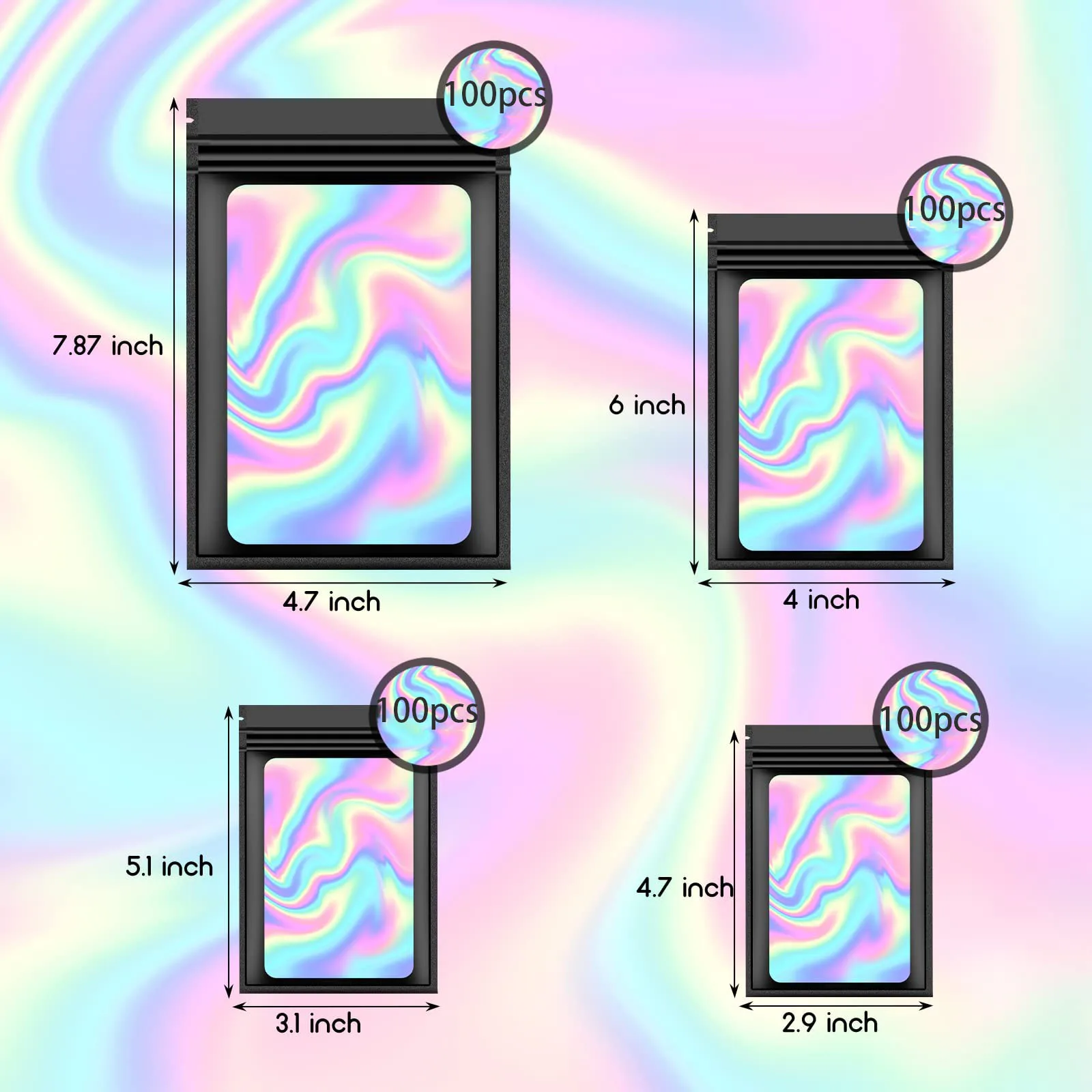 100pcs Resealable Smell Proof Bags Plastic Holographic Bags for Party Favor Jewelry Food Storage Foil Pouch Bags 6