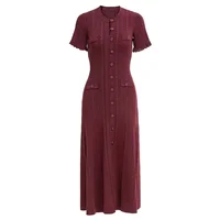 Vintage Cable Knit Midi Dress Button Front Ruffled Short Sleeve Pocket Design Elegant Party Casual Knitted Dress