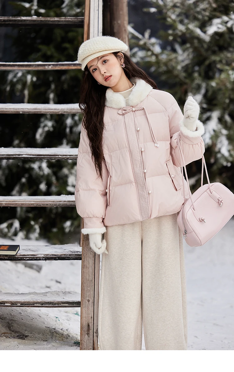 MISHOW Fur Collar Thick Women's Winter Down Jacket Spliced Pearl Single Breasted Pocket Duck Down Coats Office Lady MXD59Y0060