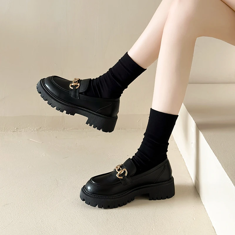 loafers Female Shoes Women Fashion Mary Janes Round Toe Flats Loafers Oxfords Platform Casual Metal Chain Buckle Ladies Heels