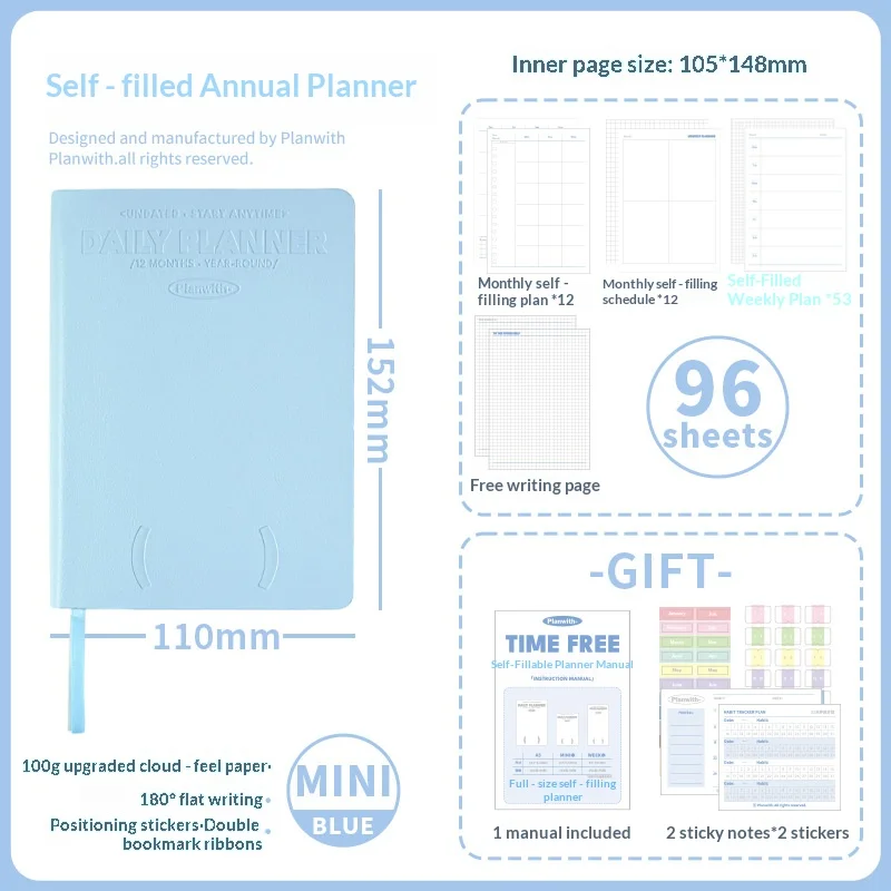 Planwith Undated Daily Planner - Premium A5 Notebook with 12 Monthly Plans, 53 Weekly Pages, Stickers, and Manual Organizer Journal