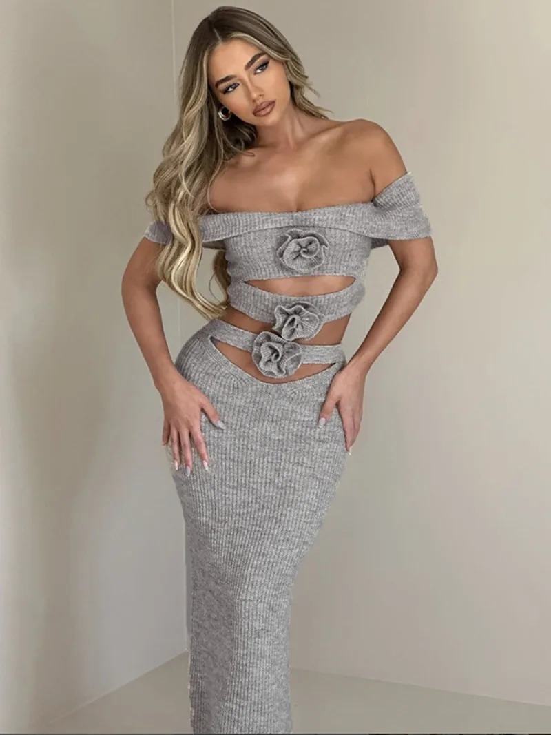 

Fashion Elegant Flowers Hollow Out Gray Long Dresses Women's Summer Off Shoulder Slash Neck Bodycon Sleeveless Evening Dress